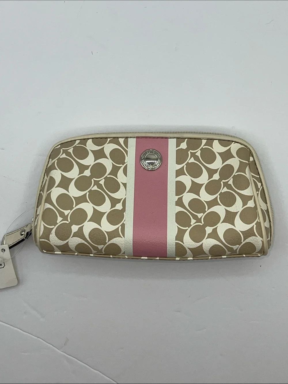 Coach Beige Signature Cosmetic Case with Pink Center Stripe